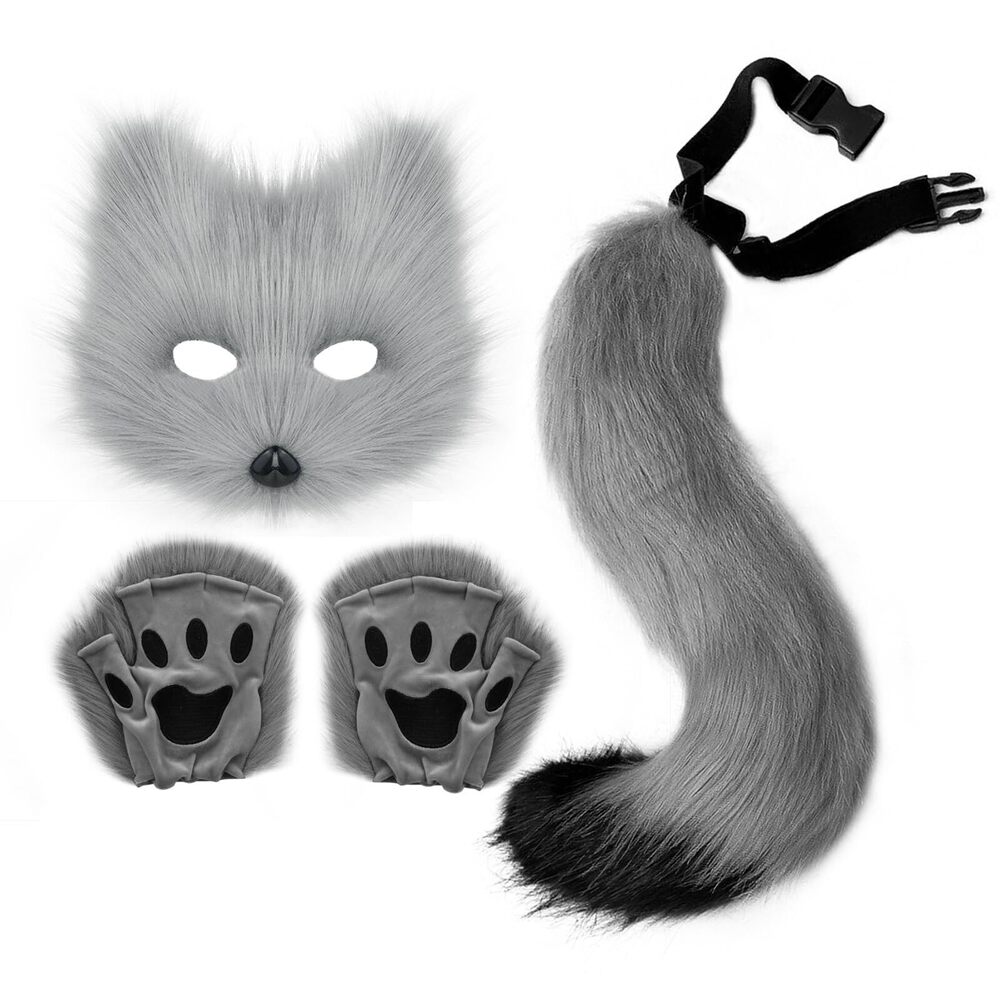 7978 Faux Fur Fox Tail Cat Wolf Set Plush Mask Fluffy Paw